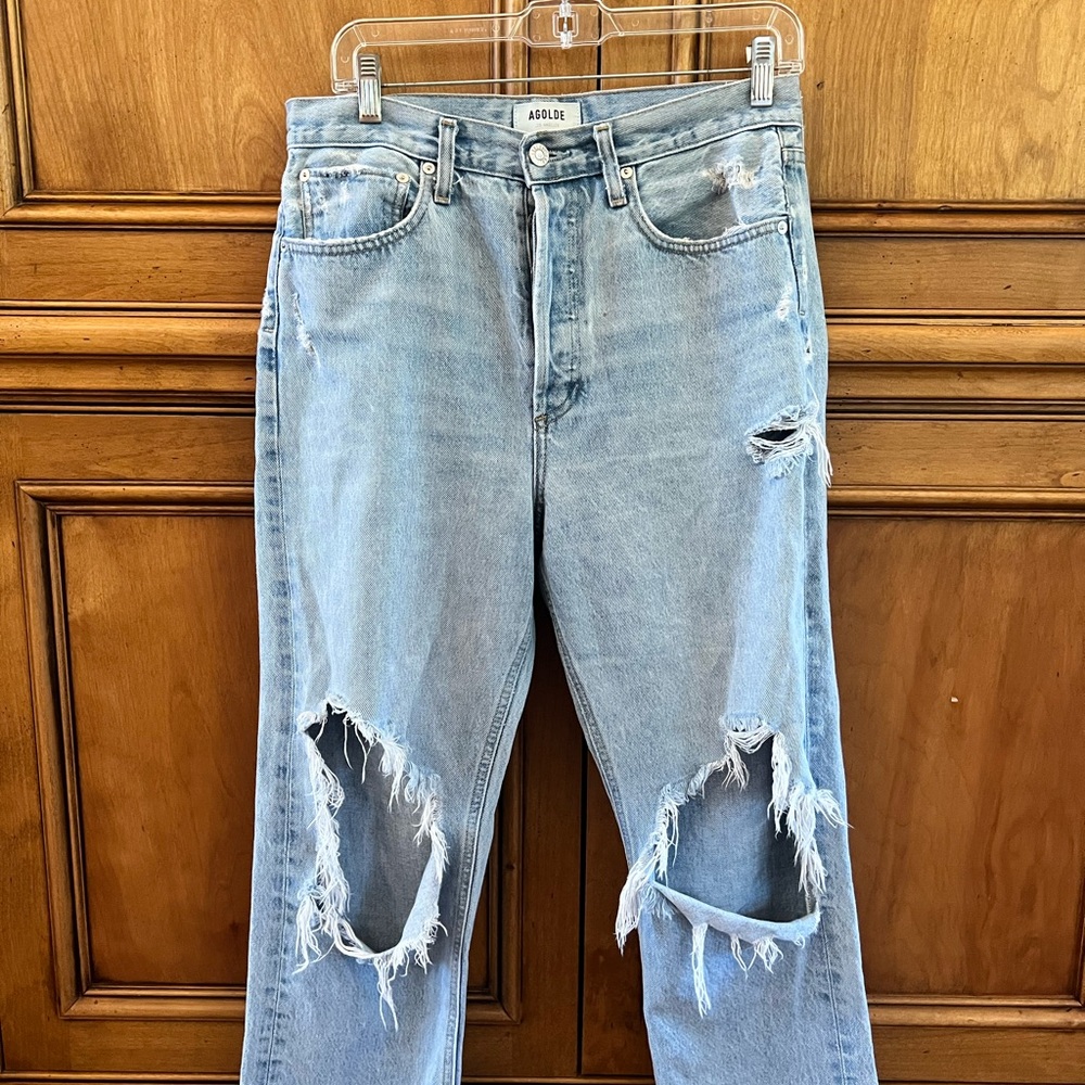 Agolde Light Blue Distressed Boyfriend Jeans - 90s Mid Rise Loose Fitted Jeans